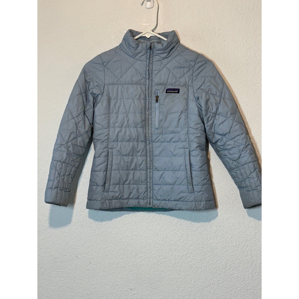 Patagonia Kids Nano Puff Quilted Jacket Light Blue Sz M 10 Full Zip Puffer Play